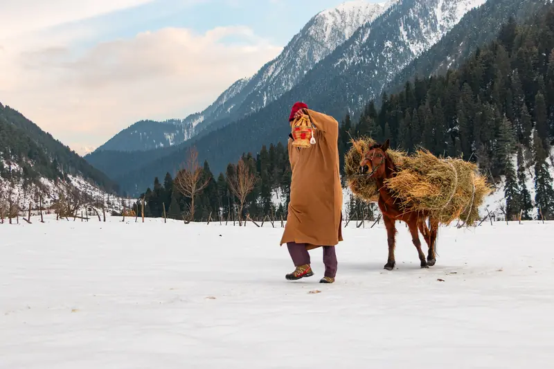 A man leading a pony through snow in Aru Valley