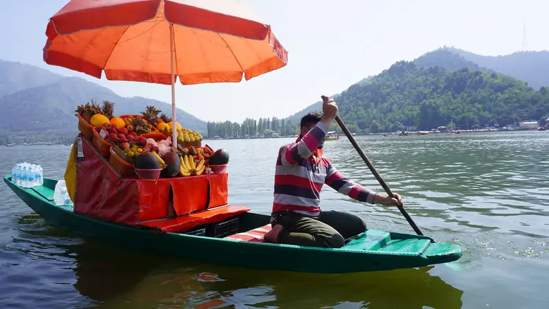 A fruit seller paddling his shikara on Dal Lake