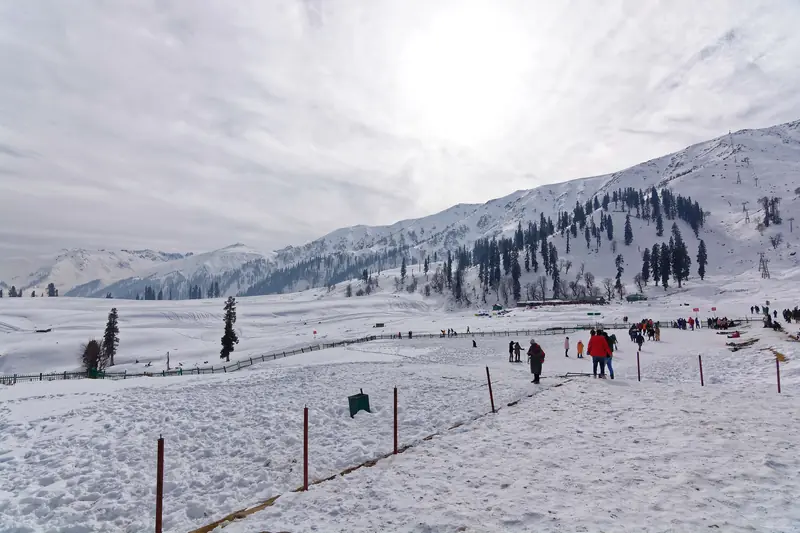 Skiers on the snow slopes at Kongdori, Gulmarg