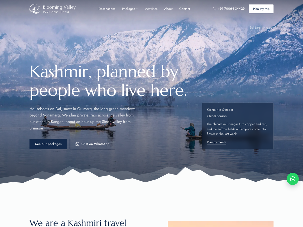 Home page of the Blooming Valley Tour and Travel website